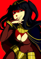 Rule 34 | 1girl, absurdres, aduti momoyama, black eyes, black hair, blue cape, bodystocking, bracelet, breasts, bridal gauntlets, cape, cleavage, fingernails, fire emblem, fire emblem awakening, hand up, highres, jewelry, loincloth, long hair, looking at viewer, medium breasts, multicolored cape, multicolored clothes, nintendo, open mouth, red background, red cape, simple background, solo, tharja (fire emblem), tiara, two side up