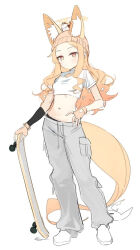 Rule 34 | 1girl, alternate costume, animal, animal ear fluff, animal ears, animal on head, beanie, bird, bird on head, blonde hair, blue archive, bright pupils, casual, closed mouth, crop top, fingerless gloves, fox ears, full body, gloves, gradient eyes, grey pants, halo, hat, long-tailed tit, looking at viewer, multicolored eyes, navel, on head, orange eyes, pants, seia (blue archive), shirt, shoes, simple background, skateboard, sketch, sneakers, solo, standing, stomach, syhan, t-shirt, tail, tit (bird), white background, white footwear, white pupils, white shirt, yellow eyes