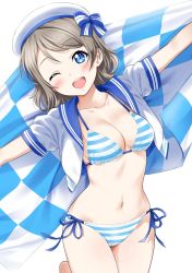 Rule 34 | 1girl, ;d, barefoot, beret, bikini, blue eyes, blush, bow, breasts, brown hair, cleavage, collarbone, cowboy shot, crop top, hat, hat bow, head tilt, looking at viewer, love live!, love live! school idol festival, love live! sunshine!!, medium breasts, navel, one eye closed, open clothes, open mouth, open shirt, outstretched arms, sailor collar, sankuro (agoitei), short hair, short sleeves, side-tie bikini bottom, simple background, smile, solo, striped bikini, striped clothes, swimsuit, watanabe you, white background, white hat