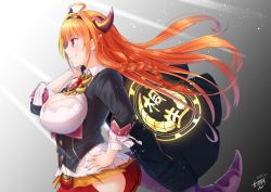 Rule 34 | 1girl, ahoge, black jacket, bow, braid, breasts, brooch, demon tail, dragon girl, dragon horns, emblem, hand on own hip, hololive, horns, jacket, jewelry, kiryu coco, kiryu coco (1st costume), large breasts, long hair, orange hair, pointy ears, purple eyes, red skirt, rudo (rudoes3121), skirt, solo, tail, virtual youtuber
