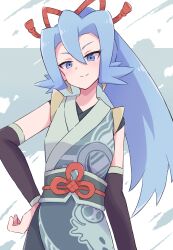 Rule 34 | 1girl, absurdres, blue eyes, blue hair, blush, clair (new year&#039;s 2024) (pokemon), clair (pokemon), closed mouth, creatures (company), detached sleeves, earrings, game freak, hair between eyes, hand on own hip, highres, japanese clothes, jewelry, kimono, long hair, looking at viewer, nintendo, official alternate costume, piyo to game, pokemon, pokemon masters ex, ponytail, smile, solo