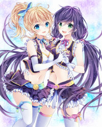 Rule 34 | 2girls, :d, ayase eli, belt, blonde hair, blue bow, blue ribbon, bow, breasts, choker, cleavage, crop top, detached sleeves, earrings, closed eyes, floating hair, gloves, green eyes, hair bow, hand on another&#039;s hip, high ponytail, highres, interlocked fingers, jewelry, layered skirt, love live!, love live! school idol project, medium breasts, midriff, miniskirt, multiple girls, navel, no brand girls, open mouth, pink ribbon, purple eyes, purple hair, ribbon, ribbon choker, runako, skirt, sleeveless, smile, standing, stomach, thighhighs, tojo nozomi, twintails, white gloves, white legwear
