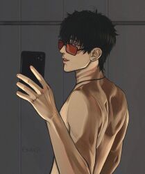 Rule 34 | 1boy, artist name, back, bathroom, black hair, cellphone, einruji, facial hair, from side, highres, holding, holding phone, jewelry, male focus, muscular, muscular male, necklace, nicholas d. wolfwood, orange-tinted eyewear, parted lips, phone, short hair, smartphone, solo, stubble, sunglasses, taking picture, tile wall, tiles, tinted eyewear, topless male, trigun, trigun stampede
