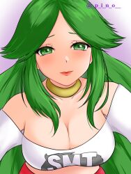 Rule 34 | 1girl, alternate costume, breasts, cleavage, collarbone, commission, green eyes, green hair, highres, kid icarus, kid icarus uprising, large breasts, looking at viewer, midriff, nintendo, off-shoulder shirt, off shoulder, p i n o, palutena, shirt, solo, upper body