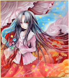 Rule 34 | 1girl, black hair, blouse, bow, branch, curtains, dated, floral background, floral print, highres, houraisan kaguya, jeweled branch of hourai, light particles, long hair, long sleeves, looking at viewer, mosho, painting (medium), red eyes, shawl, shikishi, shirt, signature, skirt, smile, solo, star (symbol), star print, touhou, traditional media, watercolor (medium), wind