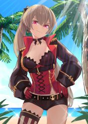 Rule 34 | 1girl, absurdres, aoiro (t aoiro123), azur lane, beach, belt, breasts, choker, cleavage, earrings, gloves, grin, hair between eyes, hands on own hips, head tilt, highres, jean bart (azur lane), jewelry, light brown hair, long hair, long sleeves, palm tree, pink eyes, ponytail, red gloves, short shorts, shorts, single thighhigh, skull, small breasts, smile, solo, striped clothes, striped thighhighs, thighhighs, thighs, tree, vertical-striped clothes, vertical-striped thighhighs