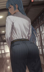 Rule 34 | 1girl, ass, belt, blue eyes, blue hair, blunt bangs, commentary, highres, huge ass, indoors, jujutsu kaisen, long hair, looking at viewer, looking back, miwa kasumi, pants, shexyo, shirt, shirt tucked in, solo, standing, straight hair, striped, vertical stripes, very long hair, white shirt
