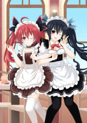 Rule 34 | 10s, 2girls, black hair, candy, creator connection, date a live, food, itsuka kotori, lollipop, maid, multiple girls, neptune (series), noire (neptunia), one eye closed, pantyhose, red hair, thighhighs, tsukaze, twintails, v