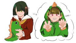 Rule 34 | 2girls, absurdres, animal hood, black hair, blunt bangs, blunt ends, blush, braid, brown dress, brown hair, center-flap bangs, claw pose, closed mouth, commentary, dinosaur hood, dress, english commentary, fangs, flower, flower knot, gao, green eyes, hair flower, hair ornament, hasu no sora school uniform, highres, holding, holding stuffed toy, hood, imagining, kachimachi kosuzu, kepitingtiga, link! like! love live!, long sleeves, looking at another, looking at viewer, love live!, momose ginko, multiple girls, neckerchief, onesie, open mouth, pink eyes, sailor collar, sailor dress, school uniform, short hair, side braids, simple background, smile, spoken character, stuffed dinosaur, stuffed toy, thought bubble, virtual youtuber, white background, white sailor collar, winter uniform, yellow neckerchief