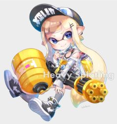 Rule 34 | 1girl, artist name, baseball cap, black footwear, black hat, black shirt, blue eyes, blunt bangs, closed mouth, clothes writing, dress, earrings, english text, full body, grey background, grey shirt, grey socks, hair ornament, hairclip, hat, holding, holding weapon, ink tank (splatoon), inkling, inkling (language), inkling girl, inkling player character, invisible chair, jewelry, long hair, long sleeves, looking at viewer, mask, mask pull, nintendo, off-shoulder shirt, off shoulder, pointy ears, pulling own clothes, shirt, shoes, signature, single horizontal stripe, sitting, smile, sneakers, socks, solo, splatoon (series), splatoon 2, strapless, strapless dress, tank top, tentacle hair, wataru (w t r ika), weapon, white hair