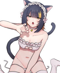 Rule 34 | 1girl, animal ears, bell, bikini, black hair, blonde hair, blush, breasts, cat ears, cat tail, choker, cleavage, clothing cutout, collarbone, convenient censoring, extra ears, fang, fingernails, frilled bikini, frilled hairband, frills, gel p, groin, hairband, heart cutout, highres, idolmaster, idolmaster shiny colors, ikaruga luca, looking at viewer, medium breasts, multicolored hair, nail polish, navel, neck bell, paw pose, simple background, sitting, solo, streaked hair, swimsuit, tail, thighhighs, untied bikini, wariza, white background, white bikini, white choker, white thighhighs
