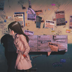 Rule 34 | 1girl, black hair, black pants, blush, coat, earbuds, earphones, from side, ghostpia, hand in pocket, highres, long hair, looking down, outdoors, pants, poster (object), sayoko (ghostpia), shadow, solo, trench coat, urban, walking, yamamoto suzume