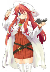 Rule 34 | 1girl, aty, aty (summon night), belt, beret, blue eyes, blush, book, boots, brooch, cloak, colorized, cowboy shot, cross-laced footwear, dress, hair between eyes, hat, high collar, holding, jewelry, long hair, looking at viewer, magic, one eye closed, red hair, ribbed sweater, setsuri (kisara), short dress, sidelocks, simple background, solo, standing, summon night, summon night 3, sweater, sweater dress, thick thighs, thigh boots, thighhighs, thighs, turtleneck, very long hair, wand, white background, white thighhighs, wide hips, wide sleeves, wink, zettai ryouiki