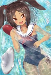 Rule 34 | 1girl, animal ears, armpits, azur lane, blue one-piece swimsuit, brown eyes, brown hair, commentary request, covered navel, cowboy shot, dark-skinned female, dark skin, detached collar, hair between eyes, highres, hip vent, i-26 (azur lane), inflatable toy, koda (k-works), legs together, lying, on back, one-piece swimsuit, open mouth, parted bangs, partially submerged, rabbit ears, rabbit tail, sailor collar, school swimsuit, short hair, smile, solo, strapless, strapless one-piece swimsuit, swimsuit, tail, thighs, water
