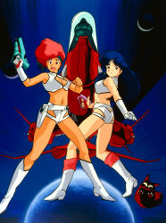 Rule 34 | 1980s (style), 2girls, ass, blue hair, boots, breasts, butt crack, cleavage, dark-skinned female, dark skin, dirty pair, gloves, gun, handgun, headband, highres, holding, holding gun, holding weapon, holster, kei (dirty pair), long hair, looking at viewer, multiple girls, oldschool, one eye closed, open mouth, plant, red hair, retro artstyle, short hair, single glove, smile, spacecraft, takachiho haruka, weapon, white gloves, yuri (dirty pair)