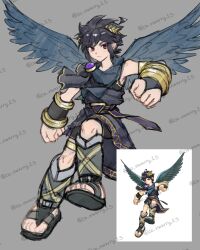 1boy belt black_hair blue_wings bracer dark_pit feathered_wings fingerless_gloves full_body gloves gold_thighlet greyscale highres jewelry kid_icarus kid_icarus_uprising ko_iwari_ngo laurel_crown male_focus monochrome nintendo official_art_inset purple_belt red_eyes redrawn reference_inset sandals sidelocks solo spiked_hair thighlet toes v-shaped_eyebrows wings