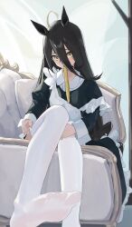 Rule 34 | 1girl, ahoge, alternate costume, animal ears, apron, black dress, black hair, blush, closed mouth, couch, dress, dressing, enmaided, frilled dress, frills, hair between eyes, highres, horse ears, horse girl, horse tail, juliet sleeves, long hair, long sleeves, looking at viewer, maid, maid apron, maid day, manhattan cafe (umamusume), mouth hold, multicolored hair, ningen gokko, no shoes, puffy sleeves, ribbon, ribbon in mouth, sitting, solo, streaked hair, tail, thighhighs, umamusume, white thighhighs, yellow eyes, yellow ribbon