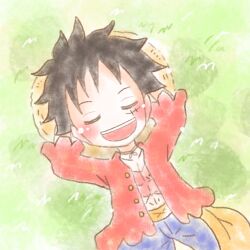 Rule 34 | 1boy, arm behind head, black hair, blue shorts, closed eyes, commentary, grass, highres, karin10 op, lying, male focus, monkey d. luffy, on grass, one piece, open mouth, red shirt, sash, scar, scar on chest, scar on face, shirt, shorts, smile, solo, yellow sash