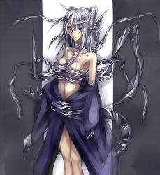 Rule 34 | bandages, breasts, claws, cleavage, grey eyes, grey hair, highres, japanese clothes, kimono, long hair, pointy ears, sukumo (kemutai), tattoo