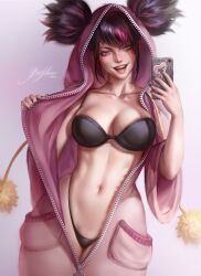 Rule 34 | 1girl, absurdres, artist name, black bra, black hair, black nails, black panties, blue eyes, bootybear, bra, breasts, cellphone, han juri, heterochromia, highleg, highleg panties, highres, holding, holding phone, hood, hood up, large breasts, multicolored hair, navel, official alternate costume, official alternate hairstyle, open clothes, open mouth, pajamas, panties, phone, pink eyes, pink hair, pink pajamas, short hair, smartphone, solo, street fighter, street fighter 6, twintails, underwear, unzipped, zipper pull tab
