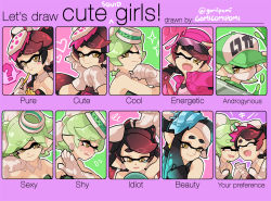 Rule 34 | 2girls, ?, artist name, bare shoulders, baseball cap, black hair, blush, blush stickers, callie (splatoon), chart, closed eyes, cousins, earrings, eating, english text, expression chart, expressions, eyebrows, eyewear on head, food, french fries, gloves, gomipomi, green hair, hair ornament, hand fan, happy, hat, holding hands, inkling, interlocked fingers, jewelry, let&#039;s draw pretty girls challenge, looking at viewer, marie (splatoon), mask, mirror, mole, mole under eye, multiple drawing challenge, multiple girls, nintendo, one eye closed, open mouth, pointy ears, shy, smile, splatoon (series), splatoon 1, sweatdrop, tears, tentacles, text focus, thick eyebrows, thought bubble, white gloves, yellow eyes