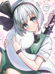 1girl black_ribbon blue_eyes green_vest hair_ribbon hairband heart highres hug konpaku_youmu konpaku_youmu_(ghost) light_blush looking_at_viewer mitama_mudimudi ribbon shirt short_hair smile solo spoken_heart sword touhou vest weapon weapon_on_back white_background white_shirt