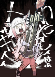 Rule 34 | 10s, 1girl, blunt bangs, empty eyes, fire, flamethrower, full body, guitar, head wings, holding, holding instrument, instrument, japanese crested ibis (kemono friends), kemono friends, knees together feet apart, long hair, long sleeves, looking at viewer, mad max, mad max: fury road, multicolored hair, music, muted color, open mouth, pantyhose, parody, playing instrument, red hair, red pantyhose, shirt, skirt, solo, sound effects, standing, tail, teeth, tibonobannsann, two-tone hair, weapon, white hair, wings, yellow eyes