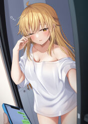 Rule 34 | 1boy, 1girl, blonde hair, blush, breasts, brown eyes, cellphone, cleavage, collarbone, commentary request, hair between eyes, hand up, highres, holding, holding phone, komori kuzuyu, letterboxed, long hair, looking at viewer, medium breasts, nao (kuzuyu), off shoulder, original, parted lips, phone, rubbing eyes, shirt, short sleeves, solo focus, standing, very long hair, white shirt