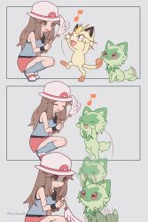 Rule 34 | 1girl, 343rone, :d, absurdres, afterimage, black wristband, blue shirt, brown eyes, brown hair, bucket hat, cat teaser, commentary request, creatures (company), game freak, gen 1 pokemon, grey background, hair flaps, hat, highres, holding, leaf (pokemon), long hair, loose socks, meme, meowth, motion lines, musical note, nintendo, nyaoha tatsu na (meme), open mouth, pokemon, pokemon (creature), pokemon frlg, shirt, shoes, sleeveless, sleeveless shirt, smile, socks, sprigatito, squatting, white footwear, white headwear, wristband
