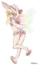 Rule 34 | 1girl, alternate costume, bikini, blonde hair, blue eyes, fairy wings, feet, frilled bikini, frills, hat, hat ribbon, highres, lily white, looking at viewer, looking back, one eye closed, open clothes, open mouth, open shirt, pink bikini, pink slippers, ribbon, shirt, shoe dangle, short sleeves, slippers, smile, solo, swimsuit, toes, touhou, wings, wink, yutamaro