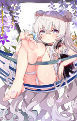Rule 34 | + +, 14c, 1girl, absurdres, arm garter, ass, azur lane, bare arms, bare legs, bare shoulders, barefoot, bikini, blue eyes, blush, book, closed mouth, commentary request, double bun, feet, flower, foot focus, foreshortening, hair between eyes, hair bun, hammock, headphones, highres, knees up, le malin (azur lane), le malin (mercredi at the secret base) (azur lane), long hair, looking at viewer, open book, petals, purple flower, revision, shiny skin, sidelocks, silver hair, soles, solo, swimsuit, symbol-shaped pupils, toes, very long hair, white bikini