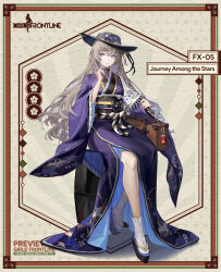 Rule 34 | 1girl, animal print, bird print, black hat, black sash, blue eyes, brown hair, character name, closed mouth, commentary, copyright name, english commentary, fingernails, floral print, floral print kimono, full body, fx-05 (girls&#039; frontline), fx-05 (journey among the stars) (girls&#039; frontline), girls&#039; frontline, hat, highres, holding, holding suitcase, japanese clothes, kimono, long hair, long sleeves, looking at viewer, miyazakisoul, obi, official alternate costume, official art, okobo, omamori, pink nails, print headwear, purple kimono, sandals, sash, second-party source, shawl, sitting, smile, socks, solo, suitcase, tabi, two-sided fabric, very long hair, white shawl, white socks, wide brim, wide sleeves