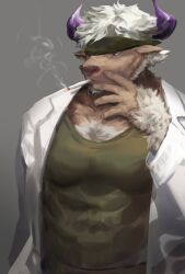 Rule 34 | 1boy, animal ears, bara, brown fur, chest hair, cigarette, commentary request, covered abs, cow ears, cow horns, facial hair, furry, furry male, goatee, gradient background, green tank top, grey background, hand on own face, headband, highres, horns, isshiki (1sshiki), lab coat, large pectorals, looking at object, male focus, minotaur, muscular, muscular male, pectorals, purple eyes, purple horns, shennong (housamo), short hair, simple background, smoke, smoking, solo, tank top, tokyo houkago summoners, upper body, white hair