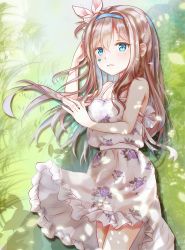 Rule 34 | 1girl, arm up, bare arms, bare shoulders, blue eyes, blue hairband, blush, commentary request, dress, facial mark, floral print, girls&#039; frontline, hair between eyes, hair ornament, hairband, heart, highres, light brown hair, long hair, mutang, parted lips, print dress, rose print, sleeveless, sleeveless dress, snowflake hair ornament, solo, suomi (girls&#039; frontline), very long hair, white dress