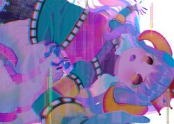 Rule 34 | 1girl, :o, absurdres, amane hikari, aqua shirt, armor, black skirt, blue gloves, blue hair, breastplate, chromatic aberration, commentary request, crown, dutch angle, frilled skirt, frills, futaba sana, glitch, gloves, gradient gloves, gradient hair, hair down, highres, horns, long sleeves, looking at viewer, magia record: mahou shoujo madoka magica gaiden, magical girl, mahou shoujo madoka magica, multicolored hair, official alternate costume, open mouth, orange eyes, outstretched arm, pink armor, pink hair, scanline hair, sheep horns, shirt, sideways, simple background, skirt, solo, turtleneck, uwasa no sana, wavy hair, white background, yellow gloves, yellow horns