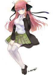 Rule 34 | 1girl, black footwear, black jacket, black ribbon, blue eyes, blunt bangs, blush, breasts, brown hair, butterfly hair ornament, closed mouth, collared shirt, commentary request, full body, go-toubun no hanayome, green skirt, hair ornament, hand up, jacket, loafers, long hair, long sleeves, lunacats, medium breasts, nakano nino, open clothes, open jacket, ribbon, shirt, shoes, simple background, sitting, sketch, skirt, sleeves past wrists, solo, thighhighs, very long hair, white background, white shirt, white thighhighs
