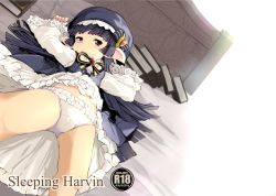 Rule 34 | 10s, 1girl, bed, black hair, brooch, cover, cover page, dress, eyepatch, unworn eyepatch, frilled dress, frilled panties, frills, from below, granblue fantasy, harvin, harvin, hat, heterochromia, jewelry, long hair, long sleeves, looking at viewer, lunalu (granblue fantasy), lying, momo (higanbana and girl), navel, on back, on bed, panties, pointy ears, purple eyes, ribbon, simple background, solo, standing, underwear, white background, white panties