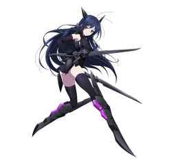 Rule 34 | 10s, 1girl, accel world, antenna hair, ass, black gloves, black hair, black leotard, black thighhighs, breasts, dual wielding, duel avatar, elbow gloves, floating hair, full body, gloves, hair ornament, holding, holding sword, holding weapon, kuroyukihime, leotard, long hair, looking at viewer, mecha musume, red eyes, simple background, small breasts, smile, solo, sword, thighhighs, very long hair, weapon, white background