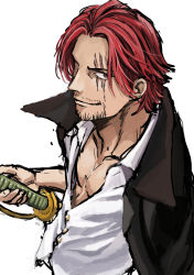 Rule 34 | 1boy, artist request, black cape, cape, facial hair, highres, holding, holding sword, holding weapon, looking at viewer, muscular, one piece, pectorals, red hair, scar, scar across eye, scar on face, shanks (one piece), shirt, short hair, simple background, smile, solo, sword, weapon, white shirt