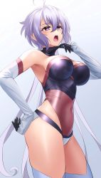 Rule 34 | 1girl, absurdres, ahoge, armpit peek, bare shoulders, black leotard, blush, breasts, covered navel, elbow gloves, gloves, hand on own hip, highres, hot, large breasts, leotard, long hair, multicolored leotard, nyanmaru, open mouth, purple eyes, purple hair, red leotard, senki zesshou symphogear, simple background, solo, standing, sweat, thighhighs, twintails, white gloves, white thighhighs, yukine chris