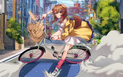 Rule 34 | 1girl, :o, akira slide, animal ears, baguette, bicycle, bicycle basket, braid, bread, brown eyes, brown hair, cawfield, city, collar, commentary, day, determined, dog ears, dog girl, dog tail, dress, dust cloud, food, full body, hair between eyes, highres, hololive, inugami korone, inugami korone (1st costume), jacket, looking at viewer, medium hair, open mouth, outdoors, red collar, red legwear, riding, riding bicycle, scene reference, solo, sunlight, tail, twin braids, twitter username, v-shaped eyebrows, virtual youtuber, white dress, white footwear, yellow jacket