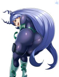 Rule 34 | 1girl, absurdres, ass, ass focus, blue eyes, blue hair, bodysuit, boku no hero academia, cameltoe, cleft of venus, curvy, hadou nejire, highres, huge ass, jmg, long hair, looking at viewer, open mouth, pantylines, pouch, skin tight, smile, solo, thick thighs, thigh pouch, thigh strap, thighs, very long hair, white background