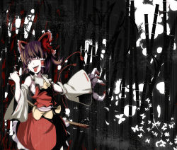 Rule 34 | 1girl, ascot, blood, bow, brown hair, detached sleeves, female focus, hair bow, hakurei reimu, horns, japanese clothes, mask, meracle, miko, nature, oni mask, outdoors, red eyes, short hair, solo, tongue, touhou
