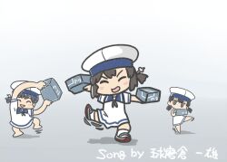 Rule 34 | 3girls, black hair, closed eyes, commentary request, daitou (kancolle), dancing, dress, ferret-san, hat, hiburi (kancolle), kantai collection, low ponytail, multiple girls, purple eyes, sailor collar, sailor dress, sailor hat, shoes, short hair, short sleeves, shounan (kancolle), translation request, twintails, uwabaki, white dress