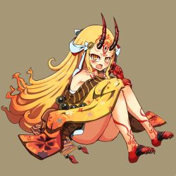 Rule 34 | 1girl, ass, bare shoulders, blonde hair, borokuro, claws, fate/grand order, fate (series), feet, female focus, horns, ibaraki douji (fate), japanese clothes, kimono, long hair, looking at viewer, off shoulder, oni, oni horns, open mouth, short kimono, simple background, sitting, solo, toes, wide sleeves, yellow eyes, yellow kimono
