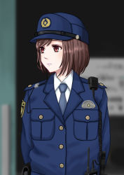 Rule 34 | 1girl, arms behind back, bad id, bad pixiv id, blue hat, blue jacket, blue necktie, blue pants, brown eyes, brown hair, closed mouth, commentary request, hat, jacket, long sleeves, looking to the side, necktie, original, pants, patch, piiiiiko, pocket, police, police hat, police uniform, policewoman, shirt, short hair, solo, uniform, upper body, walkie-talkie, white shirt