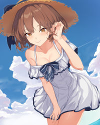 Rule 34 | 1girl, anchor symbol, bad id, bad twitter id, blush, breasts, brown eyes, brown hair, closed mouth, cloud, cloudy sky, collarbone, cowboy shot, day, dress, hat, highres, kantai collection, oweee, short hair, sky, sleeveless, sleeveless dress, small breasts, smile, solo, sun hat, white dress, yukikaze (kancolle)