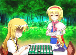 Rule 34 | 2girls, alice margatroid, apron, blonde hair, blue eyes, blush, board game, bow, capelet, chair, cup, dress, closed eyes, failure, female focus, forest, hair bow, headband, kirisame marisa, konmaru, long hair, looking at another, maraumaruaction, multiple girls, nature, no headwear, no headwear, on table, parted lips, reversi, ribbon, sash, saucer, shaded face, shanghai doll, shirt, short hair, short sleeves, sitting, smile, table, teacup, teapot, touhou, tray, vest