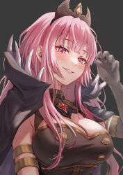 Rule 34 | 1girl, black cape, black dress, blush, breasts, cape, claw pose, cleavage, collared cape, dress, elbow gloves, gloves, grey background, high collar, hololive, hololive english, large breasts, long hair, looking at viewer, mori calliope, mori calliope (1st costume), parted lips, pink eyes, pink hair, rainbow--chaser, smile, upper body, virtual youtuber