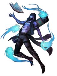 Rule 34 | 1boy, alternate costume, bald, beard, black hair, blue eyes, blue skin, book, boots, colored skin, facial hair, full body, highres, hood, hoodie, indseind, league of legends, male focus, ryze, topless male, solo, tattoo, transparent background